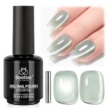 Imagem de Esmalte Beetles Misty Green Cat Eye Gel – Esmalte de gel olho de gato verde 15 ml, brilho magnético, translúcido, efeito vítreo, absorver, arte de unha francesa UV, presentes de manicure para mulheres