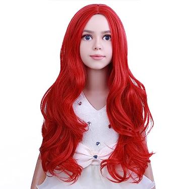 Imagem de PATTNIUM Peruca infantil vermelha longa encaracolada ondulada vermelha parte do meio perucas de cabelo sintético resistente ao calor para meninas
