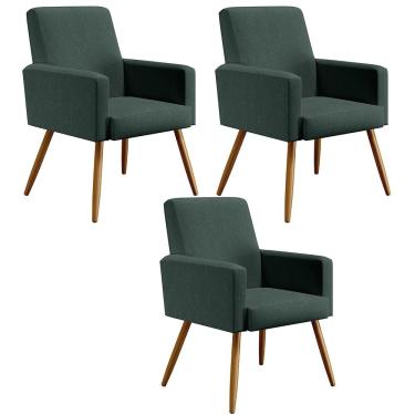 Imagem de Kit 03 Poltronas Decorativas Para Sala Estar Maria W01 Pés Palito Linho Verde Musgo - Lyam Decor