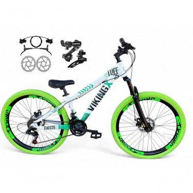 Imagem de Bicicleta Aro 26 Vikingx Tuff X25 Freeride Câmbios Shimano 21v Freio A Disco Aros Vmaxx Pneu Flame - Branco-verde