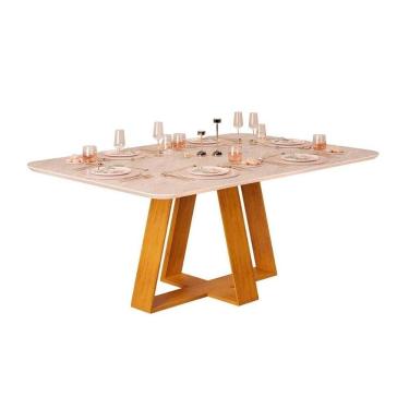 Imagem de Mesa de Sala Jantar Celeste c/Tampo Madeirado Vidro Curvo 160x90cm Cedro/Off White - DJ Móveis