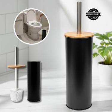 Imagem de Escova Sanitária Banheiro Metal Preta Luxo Suporte Bambu Inox Vaso San