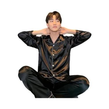 Imagem de Pijama Masculino De Manga Longa Em Cor Sólida Com Lapela Estilo Corean