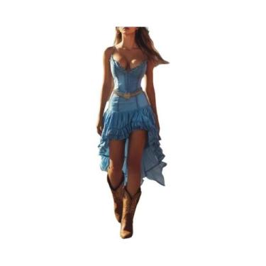 Imagem de Vestido Midi Flare De Denim Vintage Para Mulheres, Estilo Cowboy Com S