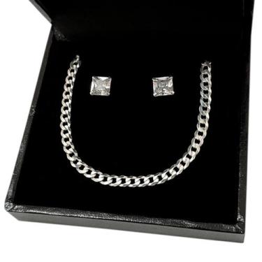 Imagem de Kit Pulseira Grumet Escamada Brinco Pedra Zircônia Prata 925 - Hakuna 