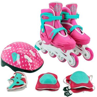 Imagem de Patins Roller In Line + Kit Proteção Ajustável 34-37 Rosa - Unitoys