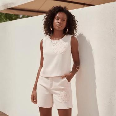 Imagem de Bermuda Sarja Feminina Bordada Lunender, Linho, 46