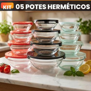 Imagem de Conjunto de Tigelas Bowl de Vidro com Tampa Hermética 5 Peças para Organizar Cozinha Geladeira e Freezer