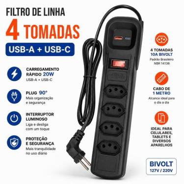 Imagem de Filtro de Linha régua 4 Tomadas Bivolt Usb A+C 20W 90 Graus 10 amperes