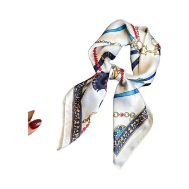 Imagem de Cachecol Feminino De 70cm Com Estampa De Poá E Floral, Em Cetim Macio,