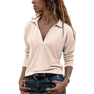 Imagem de Camisas pólo femininas com decote em V femininas lisas e estampadas blusa manga longa camiseta pulôver(XXL)