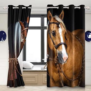 Imagem de Yeele Cortinas de janela com estampa de cavalo ocidental 134,5 x 243,8 cm para sala de estar, quarto, decoração de clube, poliéster à prova d'água, impressão 3D, ilhós blackout para janela, cortinas de escurecimento de ambiente, 2 painéis