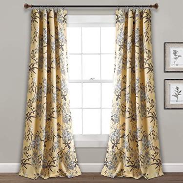 Imagem de Lush Decor, Cortinas de jardim botânicas amarelas com estampa de pássaro floral, escurecimento de ambiente, conjunto de cortinas para viver, jantar, quarto (par), 241 x 132 cm