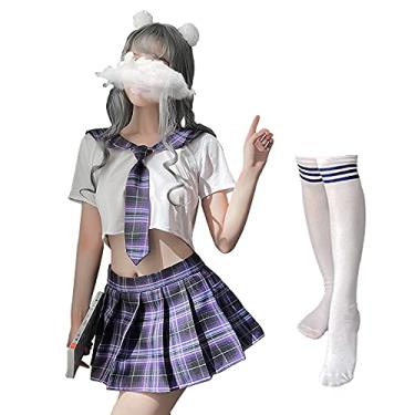 Imagem de SINMIUANIME - Roupas Schoolgirl Outfits Saia plissada xadrez japonesa JK Uniforme Cosplay Lingerie (7039Branco Roxo)