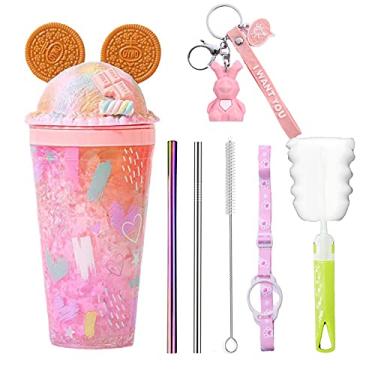 Imagem de Copo de viagem com canudo copo de festa, copo de gelo para congelador, caneca de piquenique (orelha roxa, 450 ml)