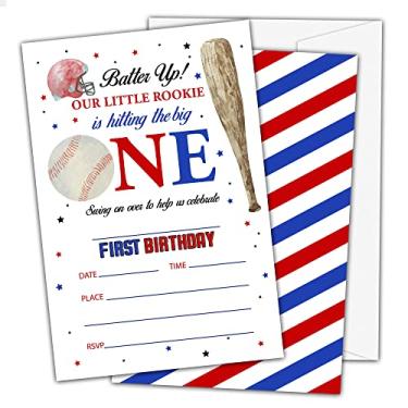 Imagem de Convites de aniversário de 1º beisebol, tema de beisebol convites de festa de aniversário para meninos e crianças, preencha convites de festa de aniversário, decorações, brindes, 20 convites com envelopes (HA09)
