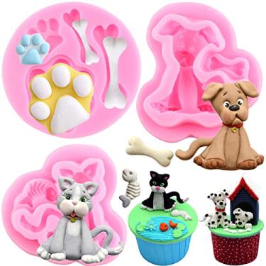 Imagem de Mujiang Molde de silicone para gato pata cachorro osso de pata gato moldes para fondant para decoração de bolo chocolate doce pasta de goma de argila conjunto de 3