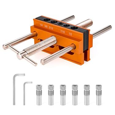 Imagem de Kit de gabarito de cavilha autocentralizante para madeira máxima de 16 cm de espessura, gabarito de guia de perfuração de cavilha central para furo reto, bloco de perfuração portátil para furo de madeira com 6 luvas de perfuração (laranja)