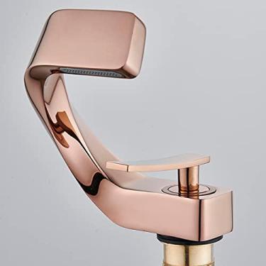 Imagem de Torneira de água quente e fria com alça única Torneira de água em cascata Torneira de pia de banheiro Torneira de lavatório, ouro rosa