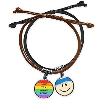 Imagem de DIYthinker Pulseira LGBT com bandeira de arco-íris gay lésbica e corrente de mão de couro com rosto sorridente