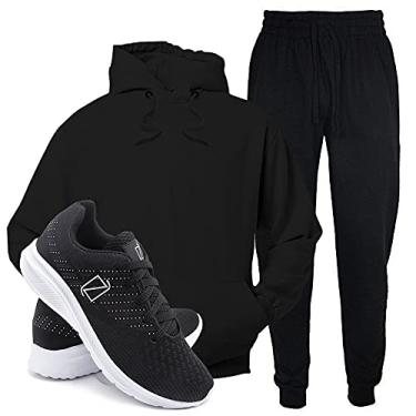 Imagem de Conjunto Blusa e Calça Moletom + Tenis Academia Casual Conforto - Preto/PretoBranco - P/42