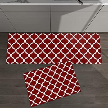 Imagem de Conjunto de 2 tapetes de cozinha de Natal Marrocos estampa geométrica vermelho vinho para tapetes acolchoados e tapetes antiderrapantes absorventes corredor confortável tapete de pé
