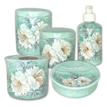 Imagem de Kit Higiene De Banheiro 5 Peças De Porcelana Pintado À Mão Azaleia Bra