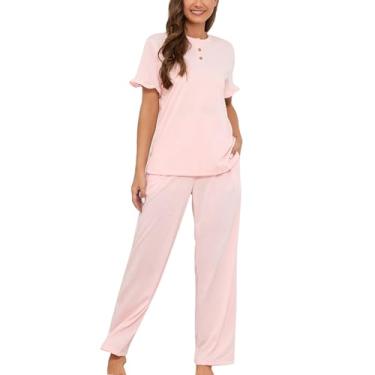 Imagem de Conjunto de Pijamas para Casa, Conjunto de Pijama Feminino Mangas Curtas Superior Cintura Elástica Calças de Cordão de Cor Pura para Lazer Vida Dormir (L)
