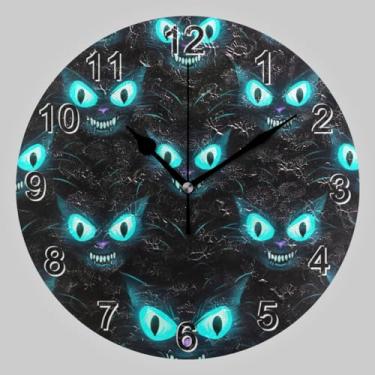Imagem de CHIFIGNO Relógio de parede redondo de gato preto com olho azul, relógios de parede silenciosos, operado por bateria, sem tique-taque, relógio de parede pendurado para cozinha, banheiro