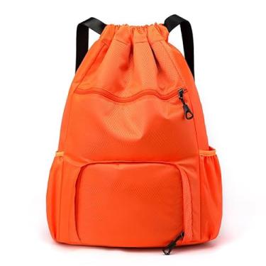 Imagem de Bolsa com cordão, mochila leve com suporte para garrafa de água e bolsos, mochila esportiva de ginástica, Laranja, Small, Esportes