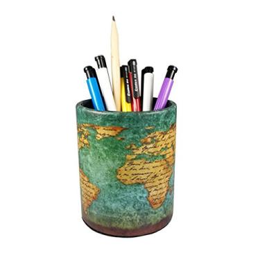 Imagem de Porta-lápis de caneta vintage – DreamsEden retrô padrão organizador de mesa para escritório em casa e quarto (mapa mundial azul redondo)