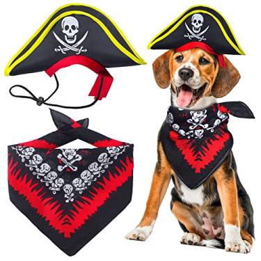 Imagem de Aichiyu 2 peças crânio impressão animal de estimação pirata chapéu com caveira pirata bandana cachorro gato capitão boné halloween pirata cosplay fantasia chapéu festa de Halloween acessórios de fantasia (C)