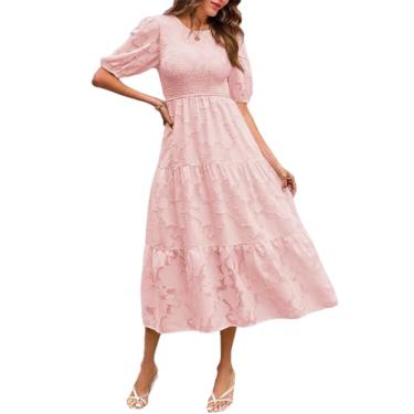 Imagem de Cnlinkco Vestido midi feminino com manga bufante em camadas, renda floral, vestido midi franzido, gola redonda, modesto, vestidos soltos, vestidos casuais, rosa, G