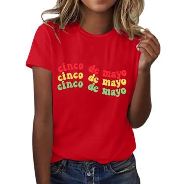 Imagem de Camiseta feminina Summer De Mayo com estampa inglesa de manga curta e festa de verão mexicana, Vermelho - A, P
