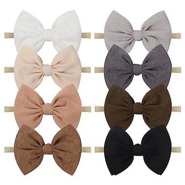 Imagem de Lanmerry Faixas de cabelo Big Bows, 8 peças de faixas de cabelo feitas à mão para bebês meninas com laços, elásticos de nylon para recém-nascidos, caramelo