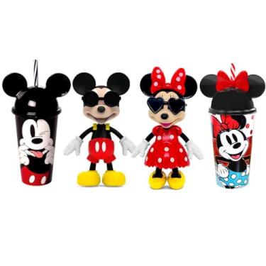 Imagem de Kit Especial Casal de Bonecos Mickey e Minnie 13cm Elka Original+ Copos com Orelhas e Canudo