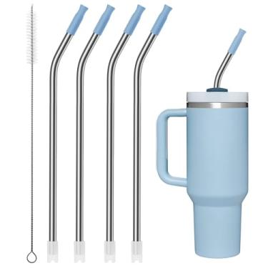 Imagem de Bluwing Canudos de metal reutilizáveis com pontas de silicone para Stanley Copo de viagem de aventura de 1,18 ml, pacote com 4 acessórios de canudo longo de substituição para Stanley Cup (azul claro)