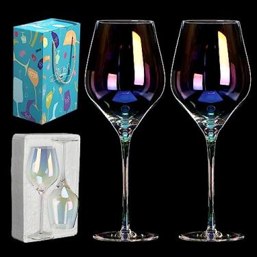Imagem de Conjunto de 2 taças de vinho, copos de vinho branco e tinto soprados à mão de 623 g. Copos iridescentes de cristal premium sem chumbo. Leve para a melhor degustação de vinho, presentes perfeitos para