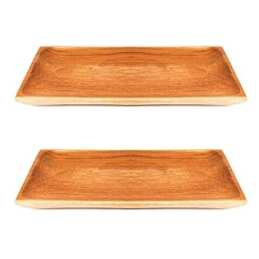 Imagem de Rainforest Bowls Conjunto de 2 pratos retangulares regulares de madeira de teca javanesa - 30,5 x 15,2 cm - perfeito para uso diário - adequado para quente e frio, ultraduráveis, pratos de madeira