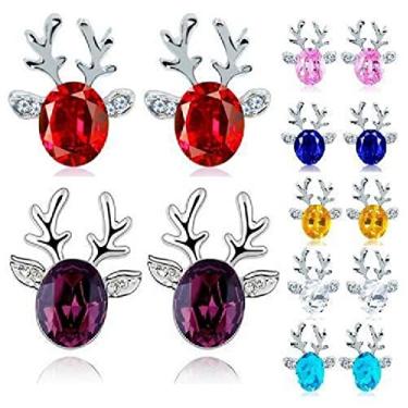 Imagem de Conjunto de 7 pares de brincos de chifre de alce de Natal com strass de cristal colorido para mulheres, meninas, festival, Natal, férias, joias fofas de animais, Metal, Strass