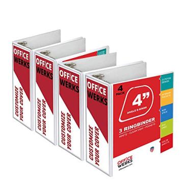 Imagem de Fichário de 3 anéis, anel D de ângulo profissional de 10 cm, pasta de apresentação para páginas padrão 21 x 27 cm com bolsos, branco transparente (pacote com 4)