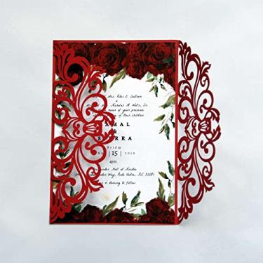 Imagem de 25 cartões de convites de casamento com corte a laser vermelho com envelopes, folhas internas em branco, fitas para convites de casamento, chá de panela, convites de aniversário de quinze anos