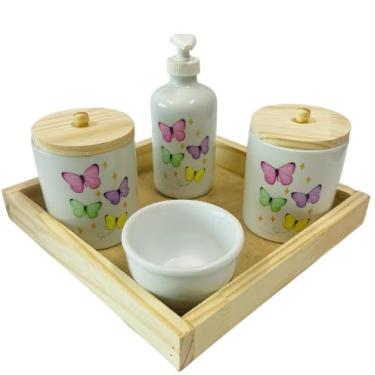 Imagem de Kit Higiene Bebê Borboletas Menina Porcelana c/bandeja quadrada lisa - sem garrafa