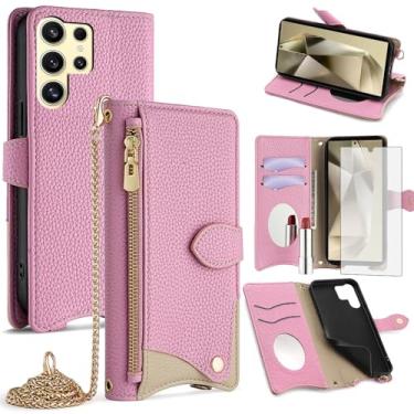 Imagem de Asuwish Capa de celular para Samsung Galaxy S24 Ultra 5G Capa carteira com protetor de tela de vidro temperado e capa flip espelhada com suporte para cartão com alça transversal S24Ultra 24S S 24