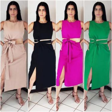 Imagem de Conjunto Alfaiataria Saia Midi e Cropped Social de Amarrar Laço Elegan