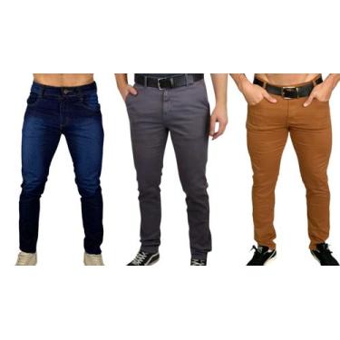 Imagem de Kit 3 calça jeans masculina com elastano slim bege claro azul marinho 
