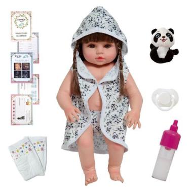 Imagem de Bebê Reborn Boneca 100% Vinil Roupão Estampa Panda Com Itens - Cegonha