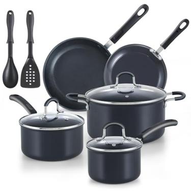 Imagem de Cook N Home Conjunto de panelas e frigideiras anodizadas rígidas profissionais antiaderentes, conjunto de panelas de cozinha com 10 peças com alças que permanecem frescas, preto