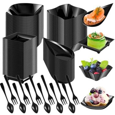 Imagem de Tessco Conjunto de 400 mini pratos de sobremesa, incluindo 200 pratos descartáveis de aperitivo de forma variada, 100 mini garfos de plástico, 100 colheres de plástico para festa de aniversário