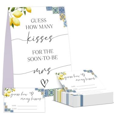 Imagem de Jogo de chá de panela Blue Tiles and Lemons, Guess How Many Kisses For The Soon To Be Mrs, pacote com 1 placa e 50 cartões de adivinhação, decorações modernas de chá de panela, suprimentos de chá de
